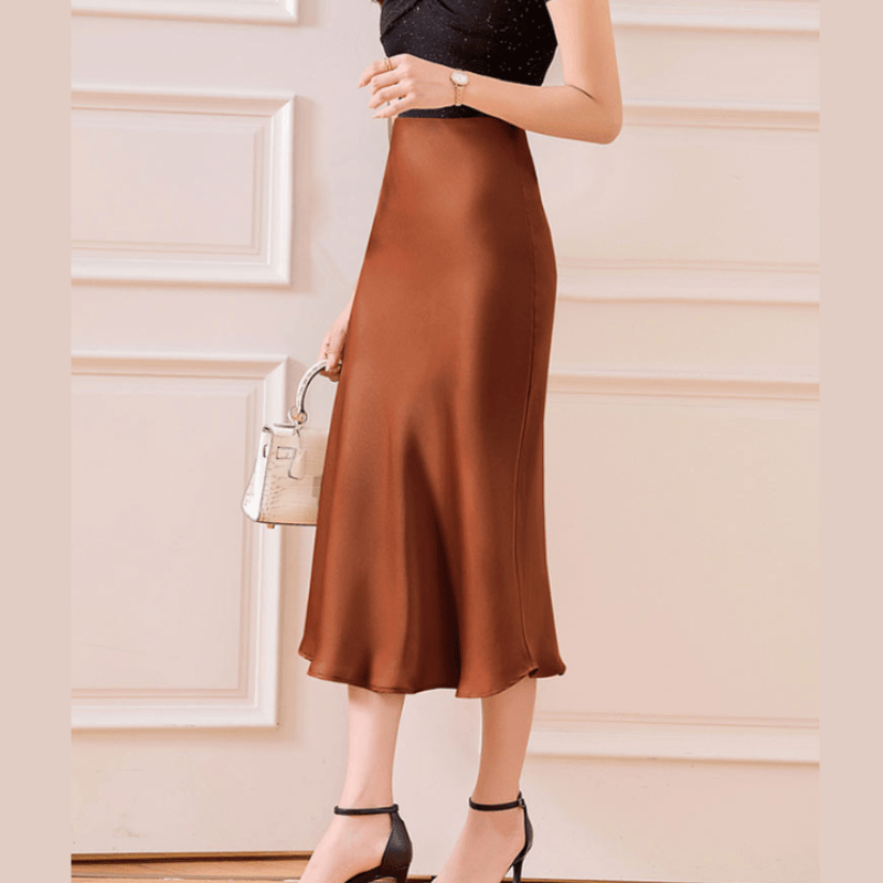 Marais Paris Jupe Midi Élégante en Satin - Fitted Waist, Flared Hemline-Women Skirt-Marais Paris-Rouille-S-Marais Paris