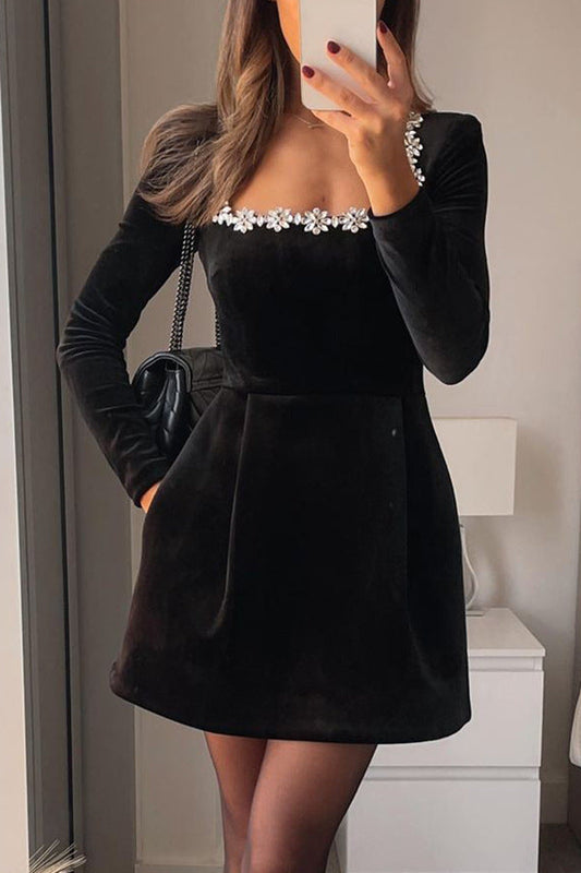 Robe Coupe A-Ligne, Encolure Carrée Ornée, Manches Longues-Mini Dress-Marais Paris-Marais Paris