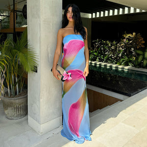 Robe Maxi Florale Sans Bretelles - Élégante et Bohème-Marais Paris-Bleu-S-Marais Paris