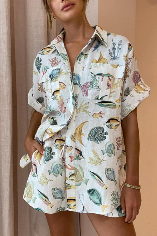 Ensemble Chemise et Short Imprimé Poisson - Style Vacances-Sets-Marais Paris-Multicolore-S-Marais Paris