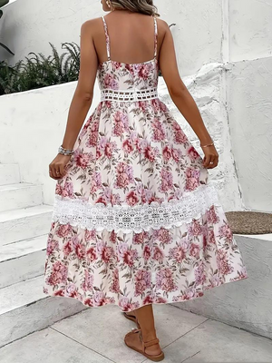 Robe Midi Florale Bohème - Bretelles Spaghetti, Dentelle-Dresses-Marais Paris-Marais Paris