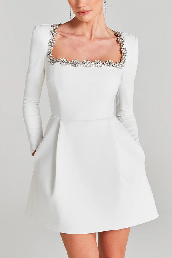 Robe Coupe A-Ligne, Encolure Carrée Ornée, Manches Longues-Mini Dress-Marais Paris-Blanc-S-Marais Paris