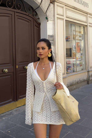 Ensemble Tricoté Femme - Cardigan Boutonné et Mini Jupe-Cardigans-Marais Paris-Blanc-S-Marais Paris