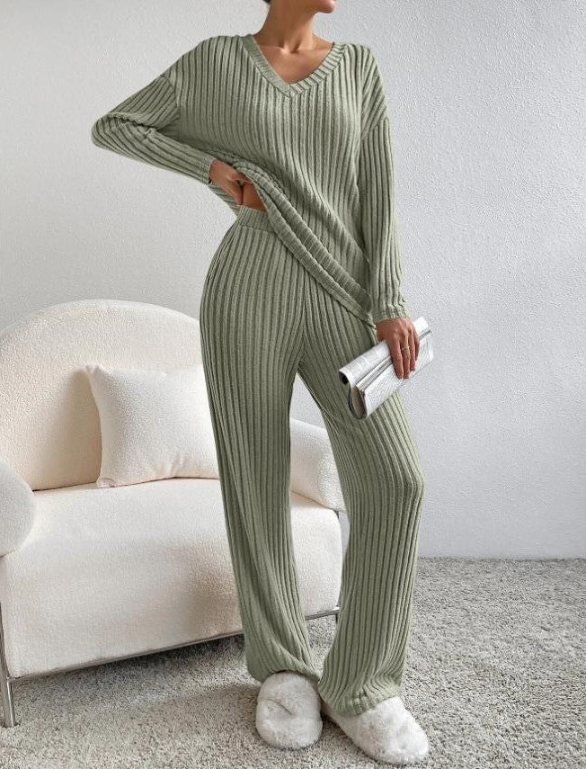 Ensemble Lounge Femme - Haut Col V, Pantalon Jambes Larges-Loungewear-Marais Paris-Vert-S-Marais Paris