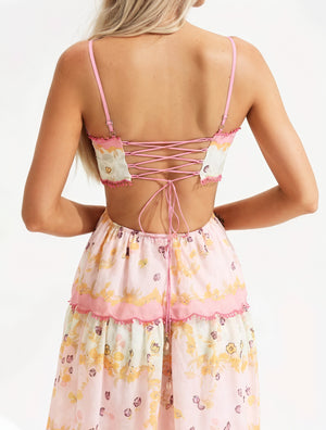Robe Florale Été Volants Bretelles Spaghetti Coupe Midi-Holiday vibes-Marais Paris-Marais Paris