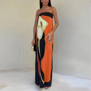 Robe Maxi Strapless à Motif Floral Abstrait-Summer Dress Collection-Marais Paris-Orange-S-Marais Paris