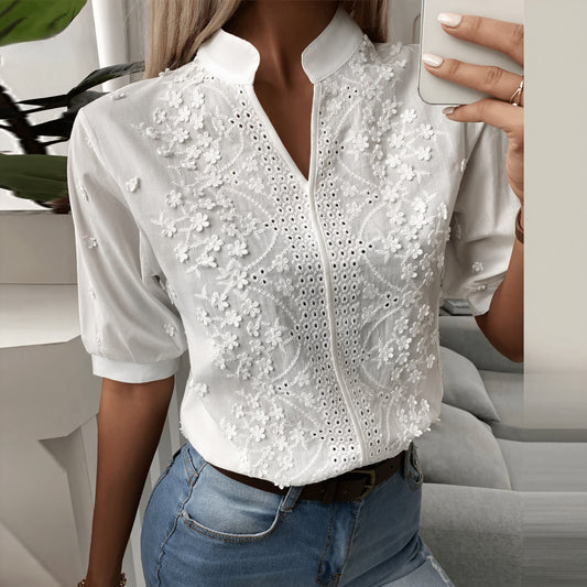 Blouse Femme Broderie Florale Bohème Chic - Manches Courtes-Marais Paris-S-Marais Paris