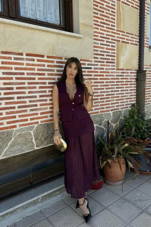 Ensemble Femme : Haut sans Manches & Jupe Midi Plissée-Skirt Sets-Marais Paris-Rouge-S-Marais Paris