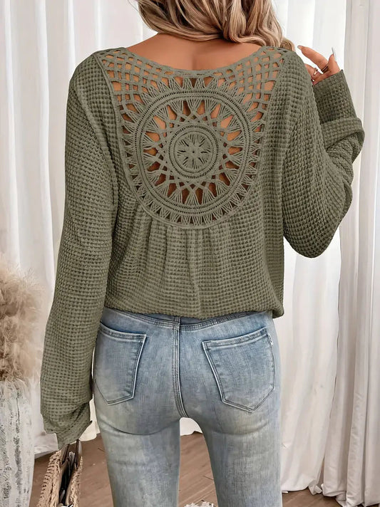 Haut Femme Texturé Dos Crochet - Manches Longues, Détail Ajouré-Shirts & Tops-Marais Paris-Vert ArméE-S-Marais Paris