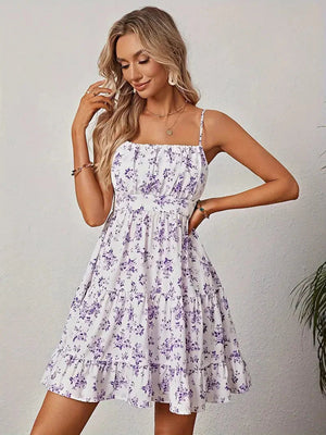 Robe d'été à fleurs, bretelles fines, jupe à volants-Dresses-Marais Paris-Marais Paris