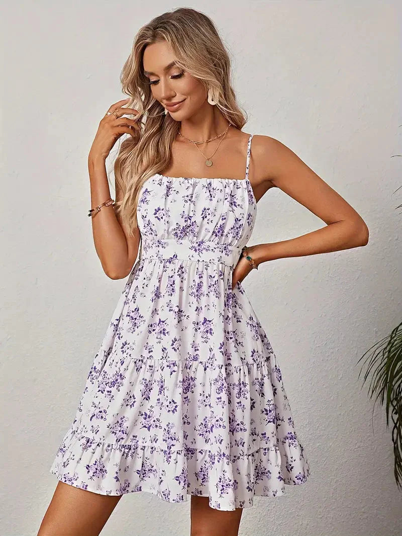 Robe d'été à fleurs, bretelles fines, jupe à volants-Dresses-Marais Paris-Marais Paris