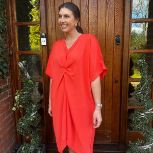 Robe Midi Détail Nœud Torsadé Manches Courtes-Belle Rose Fashion-Bellerose Fashion