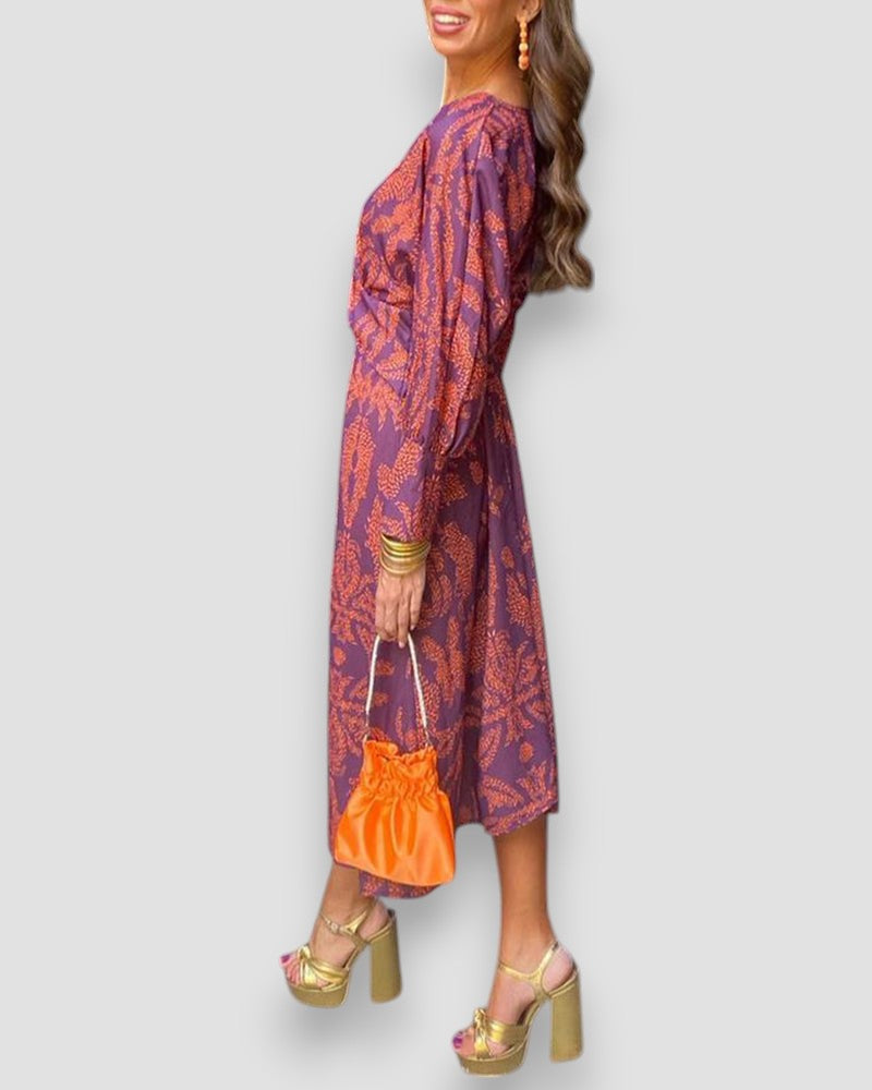 Robe Longue Femme – Imprimée Col V, Nœud Taille, Manches Longues-83293-5708eb56-5702-42cd-964b-8958ae70a4ed