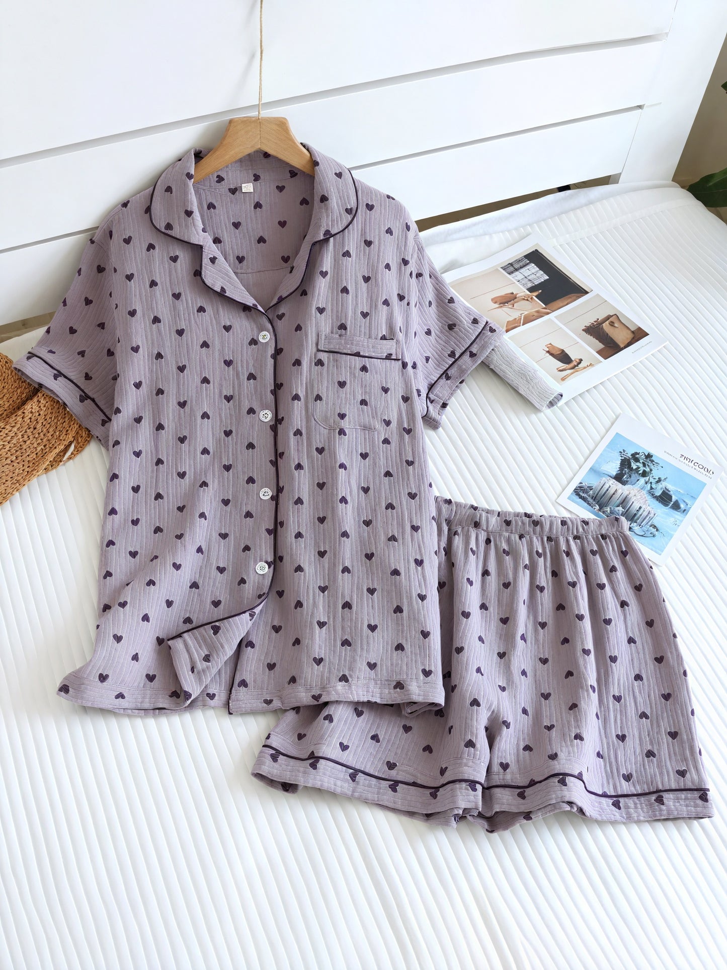 Ensemble Pyjama Femme - Chemise Boutonnée, Short Cœur-Loungewear-Marais Paris-Violet-S-Marais Paris