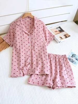 Ensemble Pyjama Femme - Chemise Boutonnée, Short Cœur-Loungewear-Marais Paris-Rose-S-Marais Paris