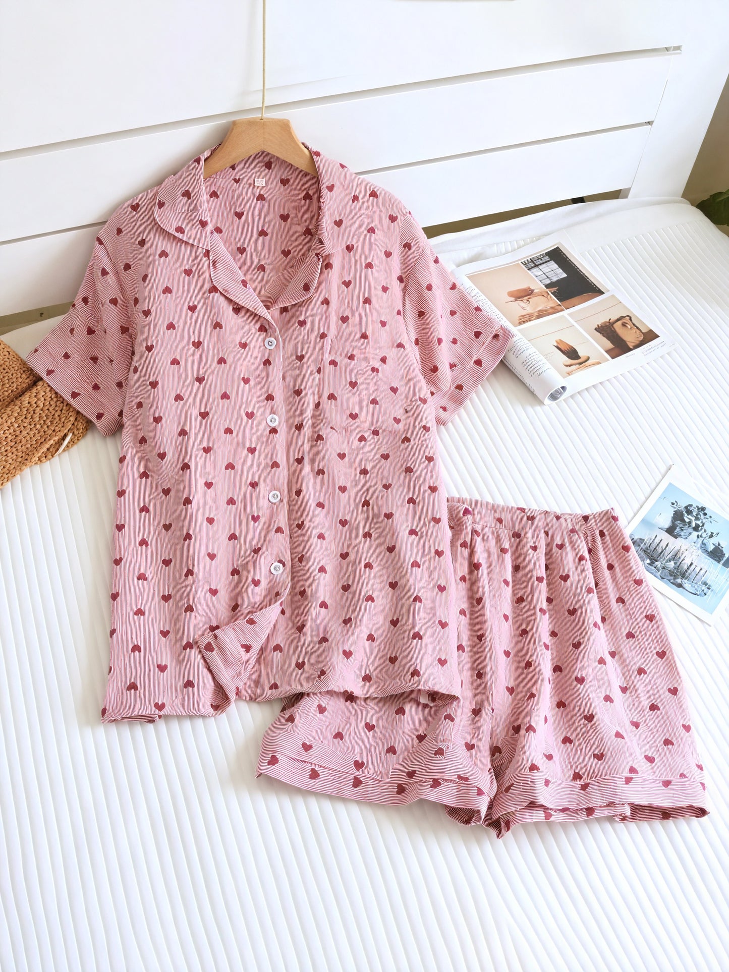 Ensemble Pyjama Femme - Chemise Boutonnée, Short Cœur-Loungewear-Marais Paris-Rose-S-Marais Paris