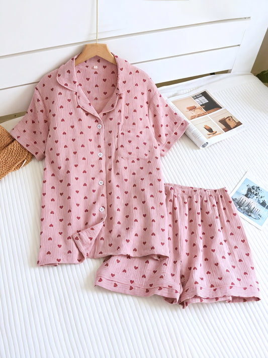 Ensemble Pyjama Femme - Chemise Boutonnée, Short Cœur-Loungewear-Marais Paris-Rose-S-Marais Paris