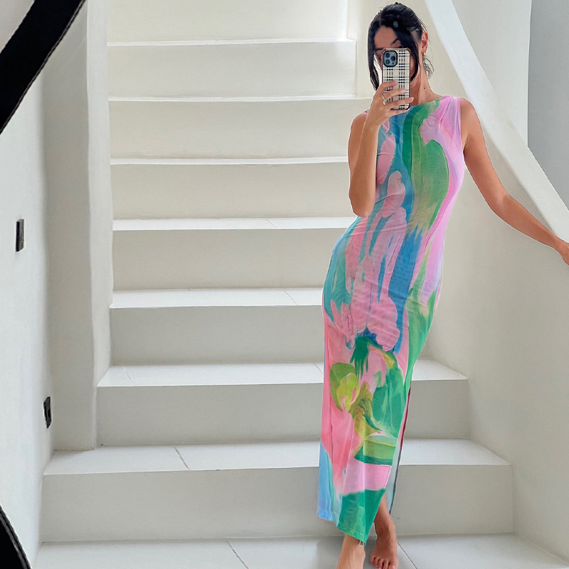 Robe Florale Femme, Coupe Ajustée, Sans Manches, Longueur Midi-Holiday vibes-Marais Paris-Marais Paris