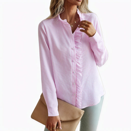 Blouse Boutonnée Femme - Volants, Manches Longues, Coupe Décontractée-Blouse-Marais Paris-Rose-XS-Marais Paris