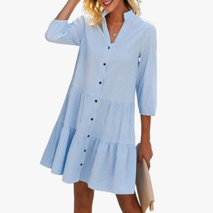 Robe Gingham Élégante avec Décolleté en V et Manches Trois-Quarts-Marais Paris-Bleu-S-Marais Paris