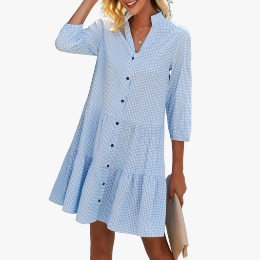 Robe Gingham Élégante avec Décolleté en V et Manches Trois-Quarts-Marais Paris-Bleu-S-Marais Paris