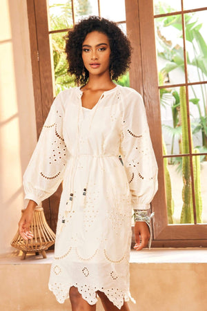 Robe Midi Bohème Broderie Anglaise - Manches Volumineuses, Taille Ajustable-Dresses-Marais Paris-Blanc-S-Marais Paris