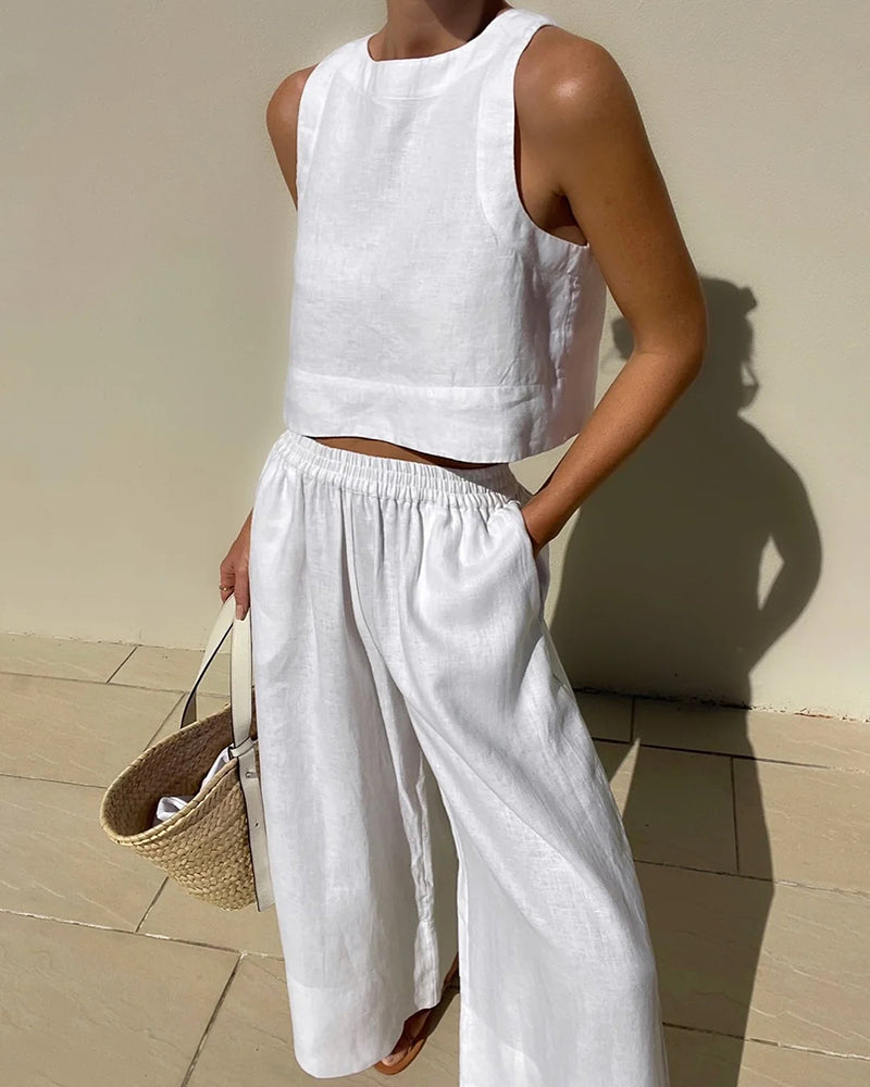 Ensemble Femme Cropped Top & Pantalon Large Taille Élastique-Pants-Marais Paris-Blanc-S-Marais Paris