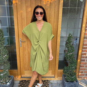 Robe Midi Détail Nœud Torsadé Manches Courtes-Belle Rose Fashion-Bellerose Fashion