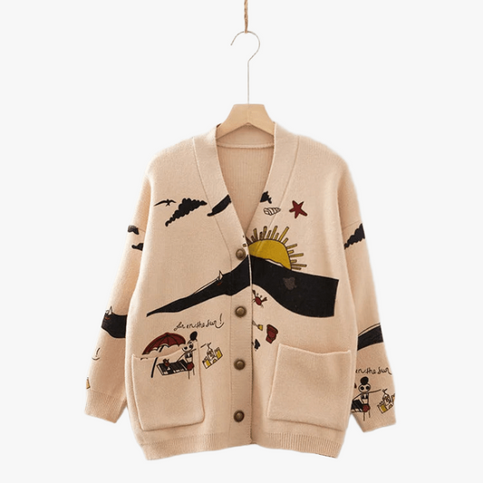 Cardigan Oversized avec Broderies Ludiques pour Femmes-Women Cardigans-Marais Paris-Kaki-Taille Unique-Marais Paris