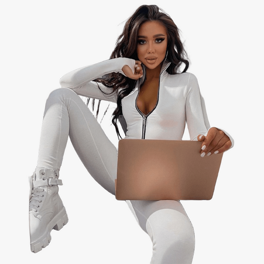 Combinaison Activewear Sportive avec Fermeture Éclair et Manches Longues-Women Jumpsuit-Marais Paris-Blanc-S-Marais Paris