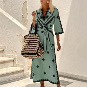 Robe longue bohème avec motifs géométriques-Women Dress-Marais Paris-Vert-S-Marais Paris