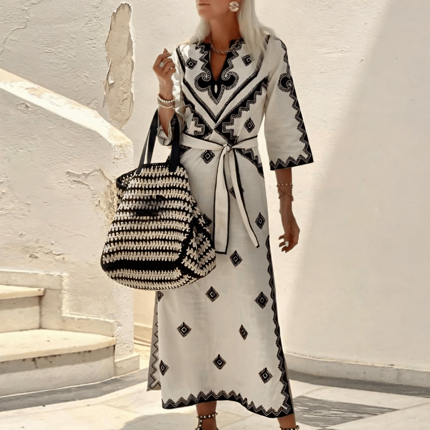 Robe longue bohème avec motifs géométriques-Women Dress-Marais Paris-Beige-L-Marais Paris