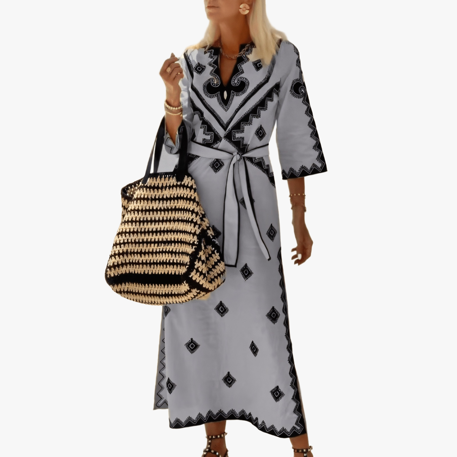 Robe longue bohème avec motifs géométriques-Women Dress-Marais Paris-Gris-S-Marais Paris