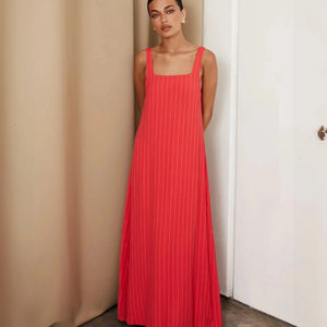 Robe longue à encolure carrée et rayures verticales-Marais Paris-Rouge-S-Marais Paris