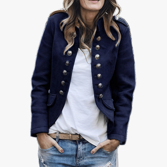Veste militaire chic ajustée avec boutons métalliques-Women Jackets-Marais Paris-Bleu Foncé-S-Marais Paris