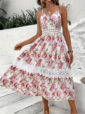 Robe Midi Florale Bohème - Bretelles Spaghetti, Dentelle-Dresses-Marais Paris-Marais Paris