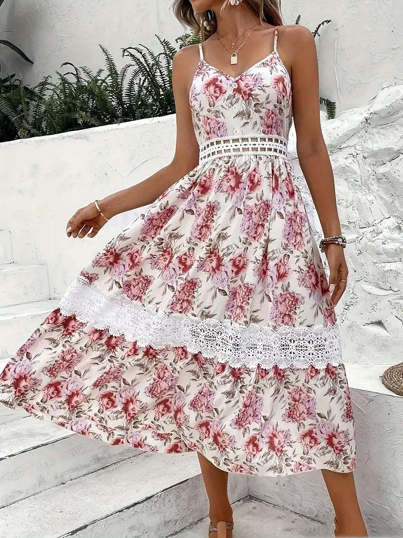 Robe Midi Florale Bohème - Bretelles Spaghetti, Dentelle-Dresses-Marais Paris-Marais Paris