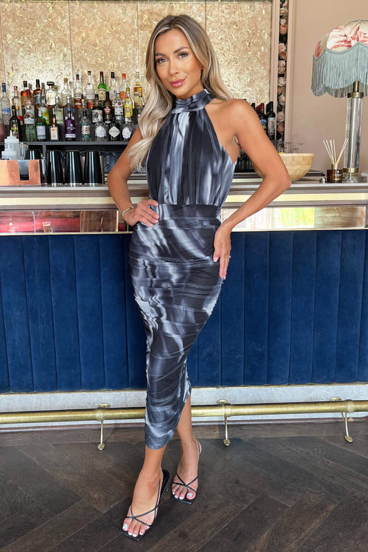 Robe Midi Halter Chic – Coupe Ajustée, Design Tie-Dye, Fente Latérale-Midi Dresses-Marais Paris-S-Marais Paris