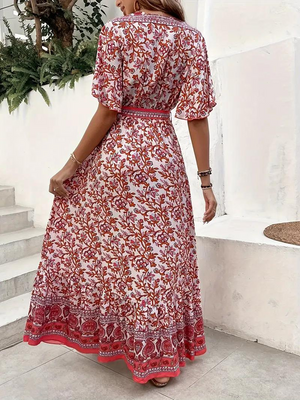 Robe Maxi Fleurie Décolleté V Taille Nouée Manches Courtes Fluide Bohème Été Plage-Marais Paris-Marais Paris