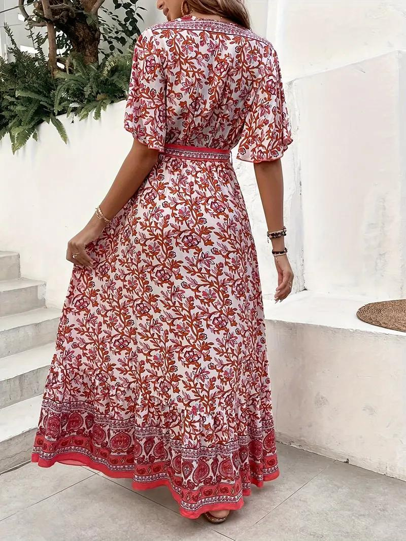 Robe Maxi Fleurie Décolleté V Taille Nouée Manches Courtes Fluide Bohème Été Plage-Marais Paris-Marais Paris