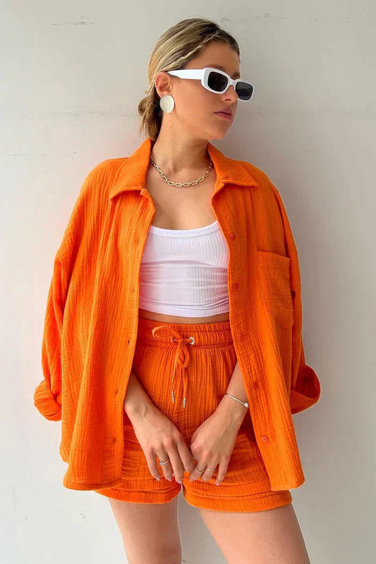 Ensemble Coordonné Détente - Chemise, Débardeur & Short Confortable-Shorts Sets-Marais Paris-Orange-S-Marais Paris