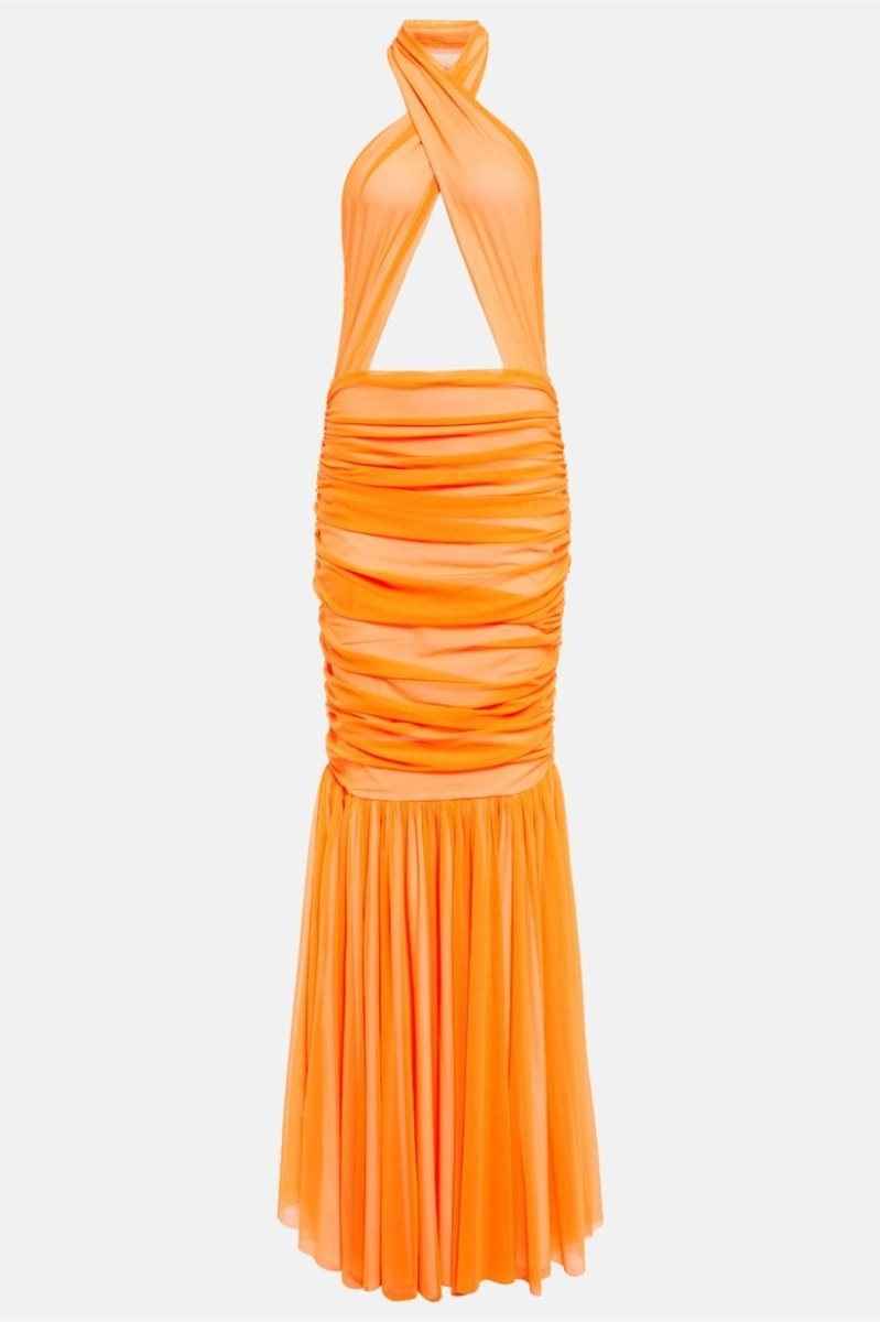 Robe Longue Halter, Coupe Moderne, Jupe Plissée-Dresses-Marais Paris-Marais Paris