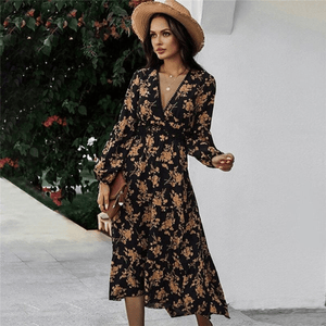 Marais Paris Robe Boho Chic avec Encolure Profonde et Manches Longues-Women Dress-Marais Paris-Marais Paris