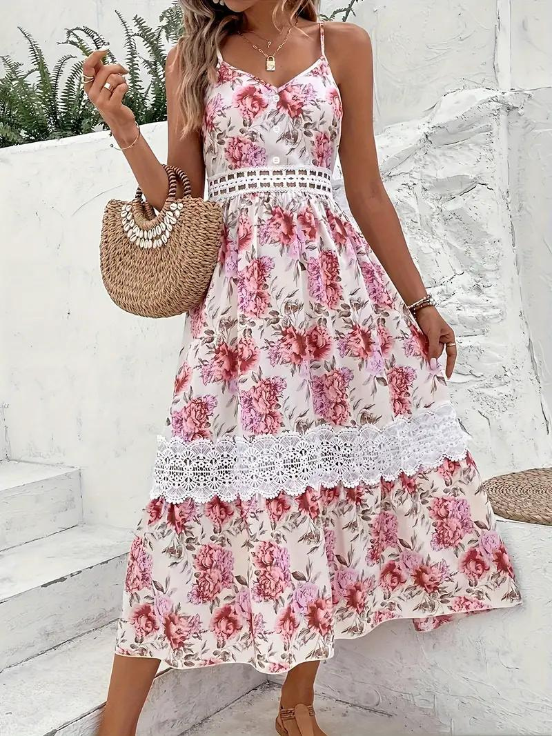 Robe Midi Florale Bohème - Bretelles Spaghetti, Dentelle-Dresses-Marais Paris-Marais Paris