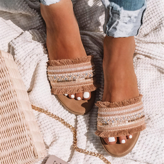 Femme Sandales Mules Plates – Lanières Ornées de Perles et Franges, Style Bohème-73650-851daaf0-b4ad-458f-9a45-2cb2f7d3e834