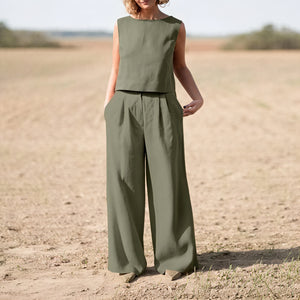 Ensemble Femme Top Sans Manches Pantalon Large Taille Haute-Outfit Women-Marais Paris-Vert ArméE-S-Marais Paris