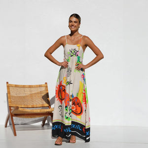 Robe Longue Bohème Imprimée - Bretelles Spaghetti, Motifs Colorés-Dresses-Marais Paris-Multicolore-S-Marais Paris