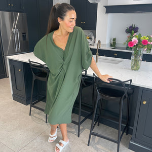 Robe Midi Détail Nœud Torsadé Manches Courtes-Belle Rose Fashion-Bellerose Fashion