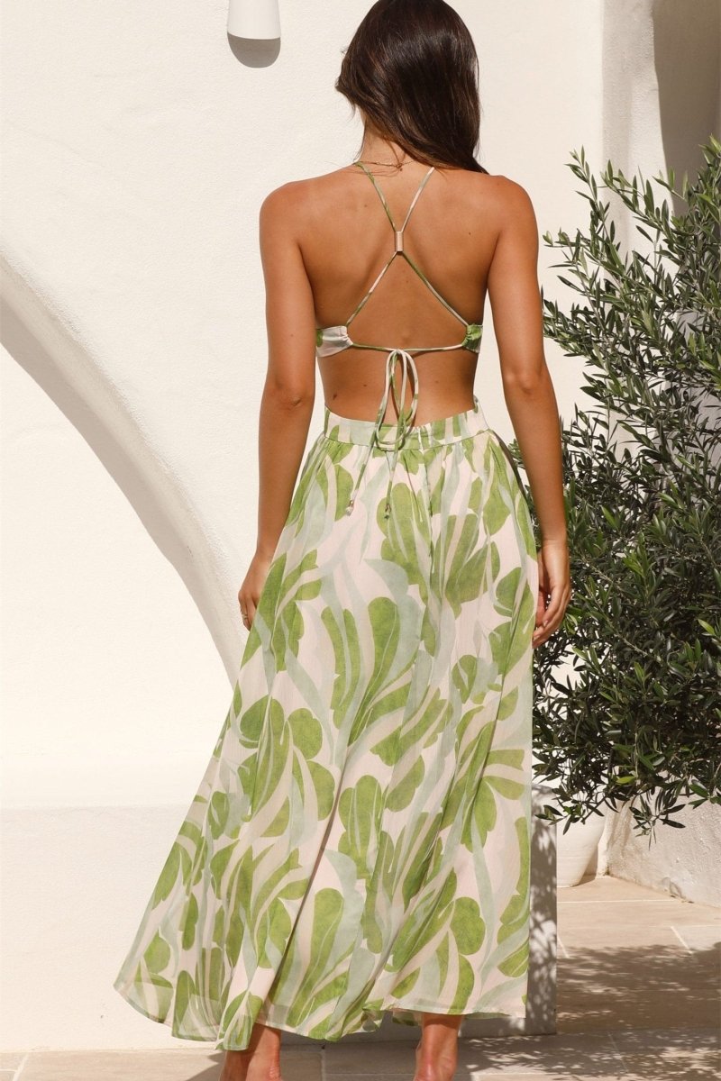 Robe Maxi Bohème à Motif Feuilles, Encolure Halter-Dresses-Marais Paris-Marais Paris