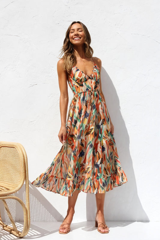 Robe Maxi/Midi Femme - Bretelles, Imprimé Abstrait, Taille Ajustable-Marais Paris-Marais Paris